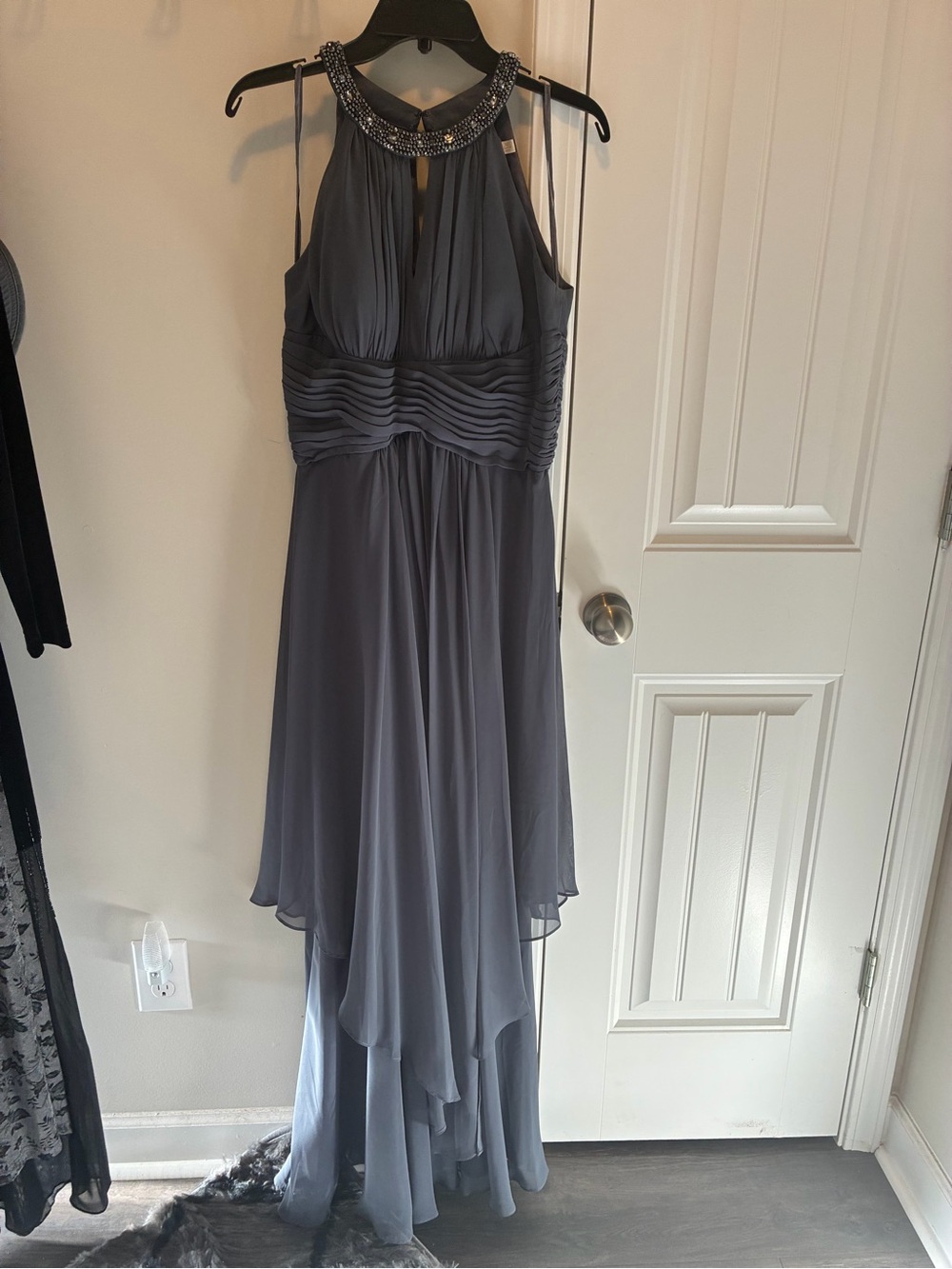 Eliza J Beaded Halter High-Low Dress in Charcoal/Blue